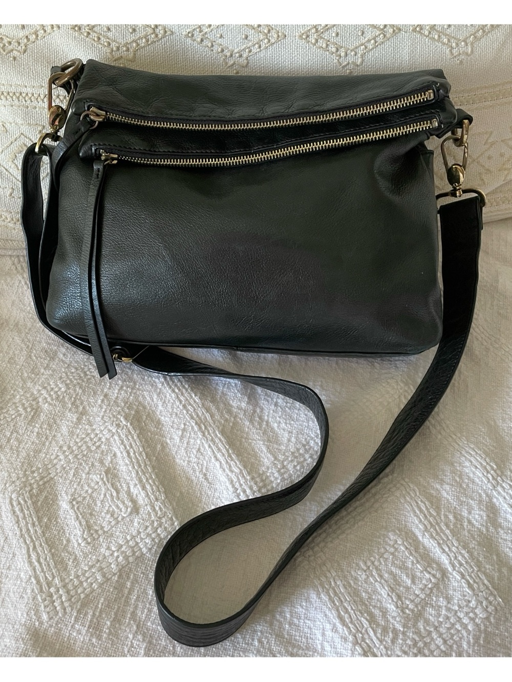 Margot Black Leather Crossbody with Dual Zip Front